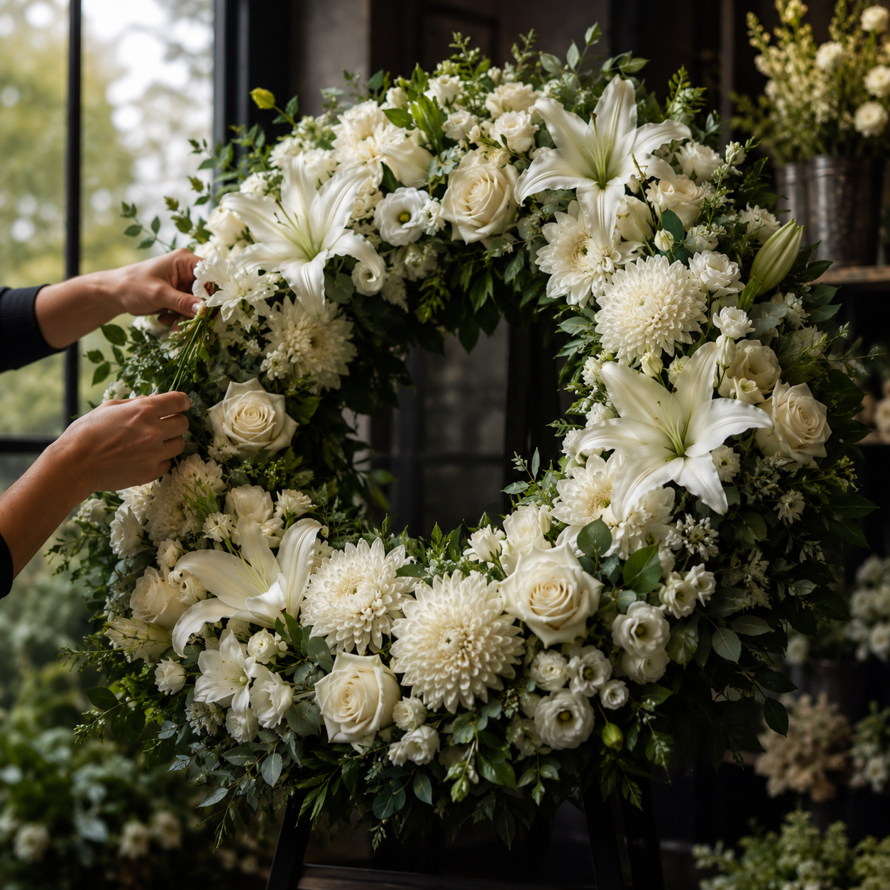 Florista montando uma coroa de flores brancas com lírios e rosas