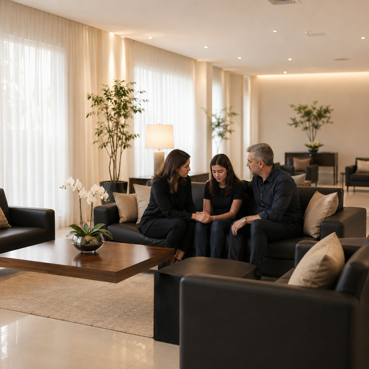 Sala de espera ampla e iluminada, com a família acomodada em ambiente tranquilo